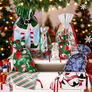 Christmas Drawstring Gift Bags with Tags Set Unisex Holiday Wrapping Bags for Boys Girls Small to Extra Large Santa Xmas Bulk Bags for Treats Goodies Party
