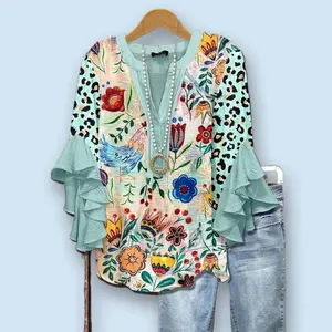 Mixed Floral Print Ruffle Bell Sleeve Top Going Outfits Blouses Women Vintage 90s Tops Funny Shirts Women Elegant Classy Tops Blouse
