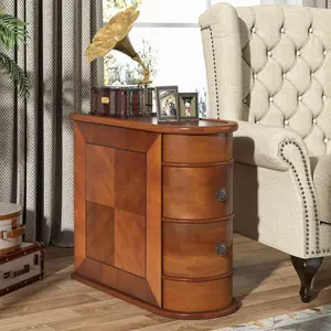 212 MAIN TB-U0093 10.8 in. Vintage Solid Wood Narrow End Table - Antique-Inspired, High-End, Floor Stable, Fully Built, 2 Sliding Drawers, Slim Arc-Shape Walnut Nightstand, Antique-Inspired End Tables, High-End End Tables
