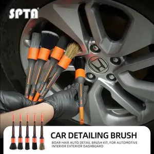 sPTA Car Detailing Brush Set, 5 Pack V2.0 Soft Boar Hair Auto Detail Brush Kit with Drill Adapter, for Automotive Interior Exterior Dashboard Engine Bay Seat Leather, Can be Used in Electric Drills