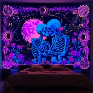 1pc UV-reactive gothic romance tapestry. Features skeleton couple, purple roses, and sun/moon phases. Glows under blacklight. Wrinkle-resistant peach fabric, no electricity needed. Perfect for Halloween, vampire parties, or gothic home deco