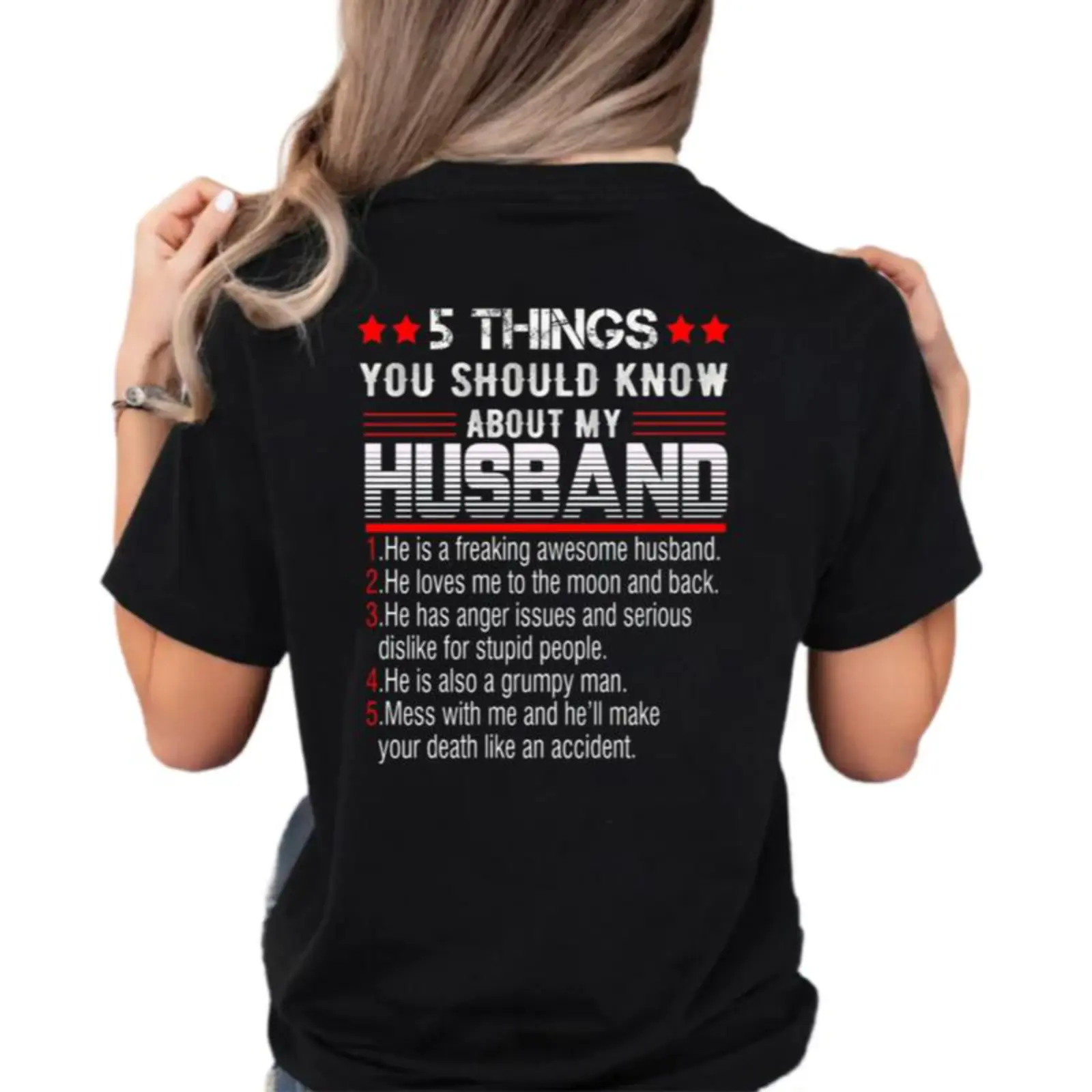 Funny T-Shirt for Wife with "5 Things About My Husband" Print, Classic Unisex Soft Cotton Short Sleeve Top, Birthday Gift
