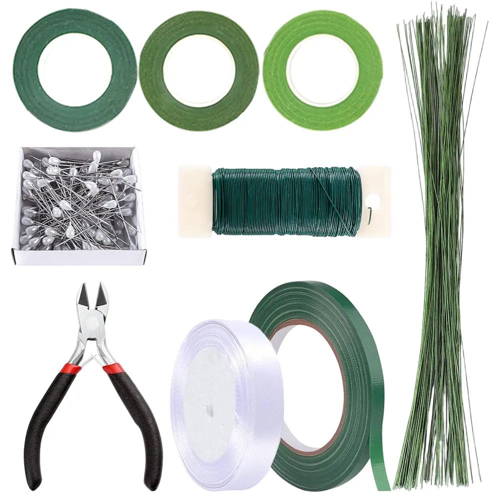 1 set floral arrangement set, including tape, ribbon, wire cutters, pearl needles, flower wire and iron wire, suitable for professional DIY bouquet packaging, event decoration and home floral styling