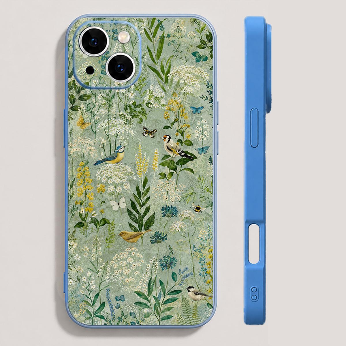 Wildflower Songbird Garden Silicone Shell Phone Case - Botanical Art, Waterproof, Slim Protective Sage Meadow Cover with Bee for iPhone 17/16/15/14/13/12/11/X Plus Pro Max - Bird Lovers Mobile Accessory Gift