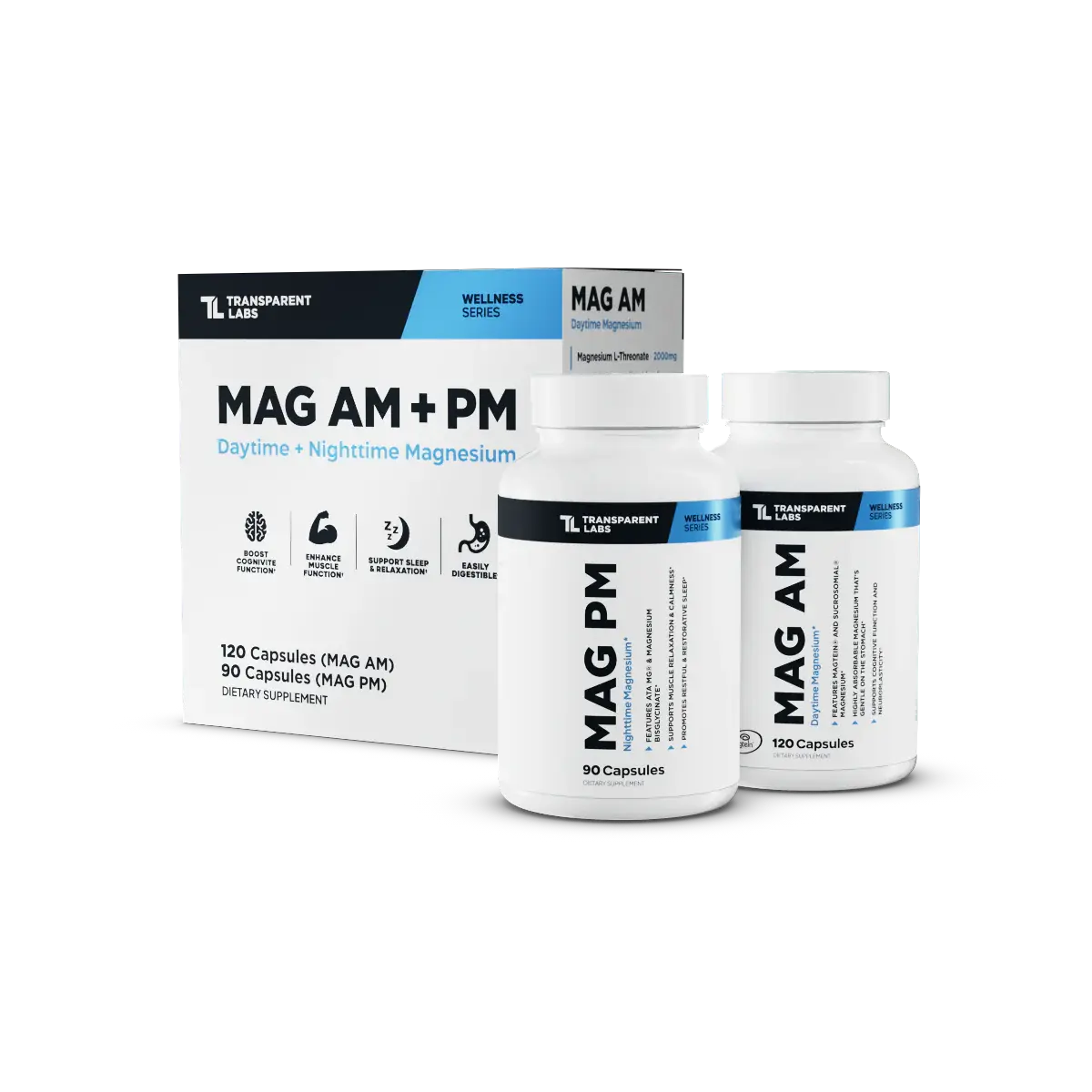 Transparent Labs Mag AM + PM Chelated Mineral Dietary Supplement Capsules - Natural Magnesium Threonate, Taurinate, Bisglycinate, Fitness, Healthcare, Body Health, Energy Support, Daily Supplemental Nutrition, Muscle Care, Brain Health