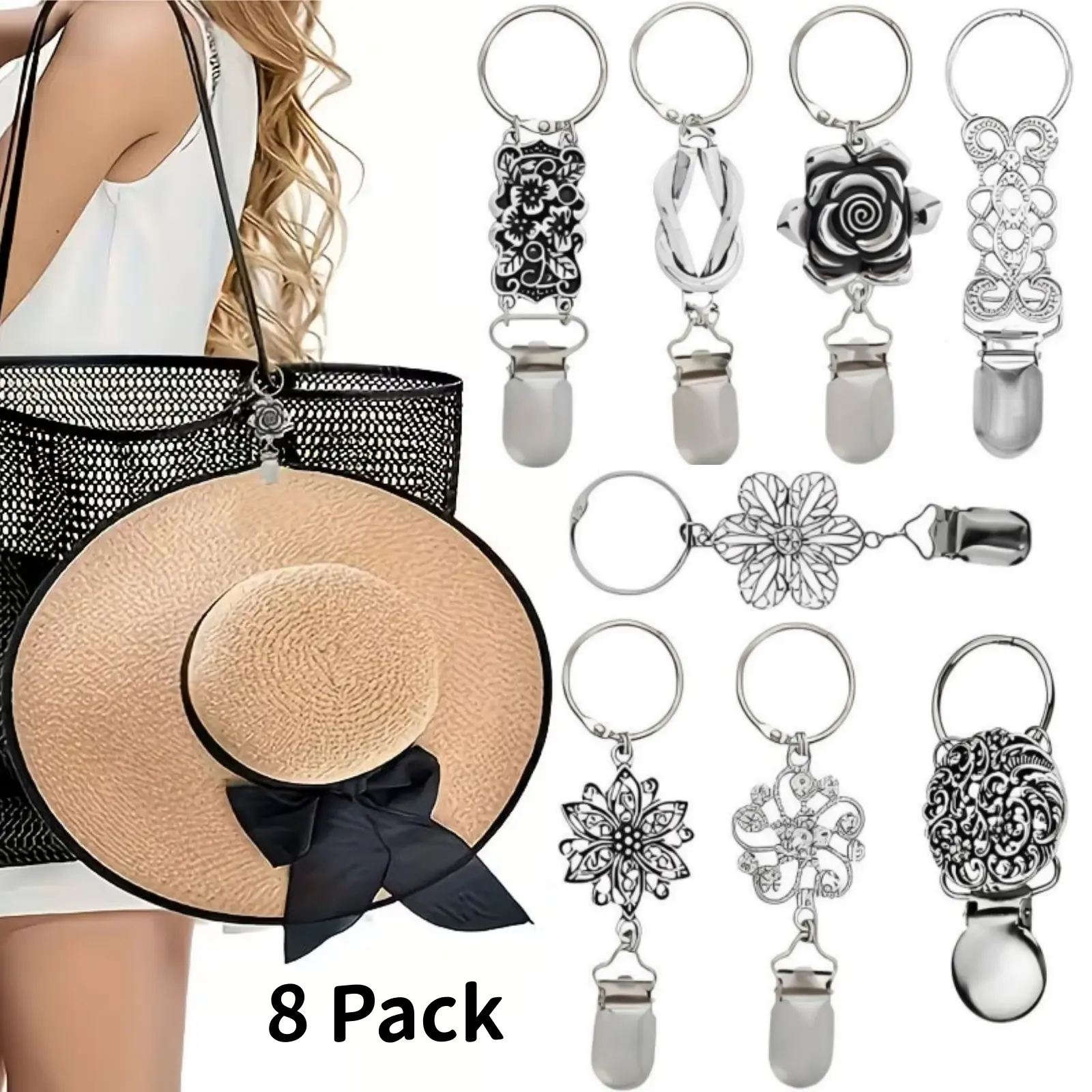 8Pcs Vintage Metal Travel Hat Clips Set, Multipurpose Portable Straw Hat Holder Hooks, Hang on Backpack Handbag Luggage Shawl, Must-Have Accessories for Beach Vacation Cruise Outdoor Travel Essentials