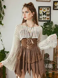 Summer Women's Hollow Knit Cropped Pullover Knitwear, Unique Street Style Long Sleeve Sun Protection Top, Elegant and Loose Casual Design