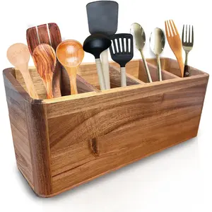 Large Kitchen Utensil Holder Organizer for Counter or Countertop, Wooden Storage Container for Cooking and Silverware, Acacia Rustic Wood (4 Compartments)