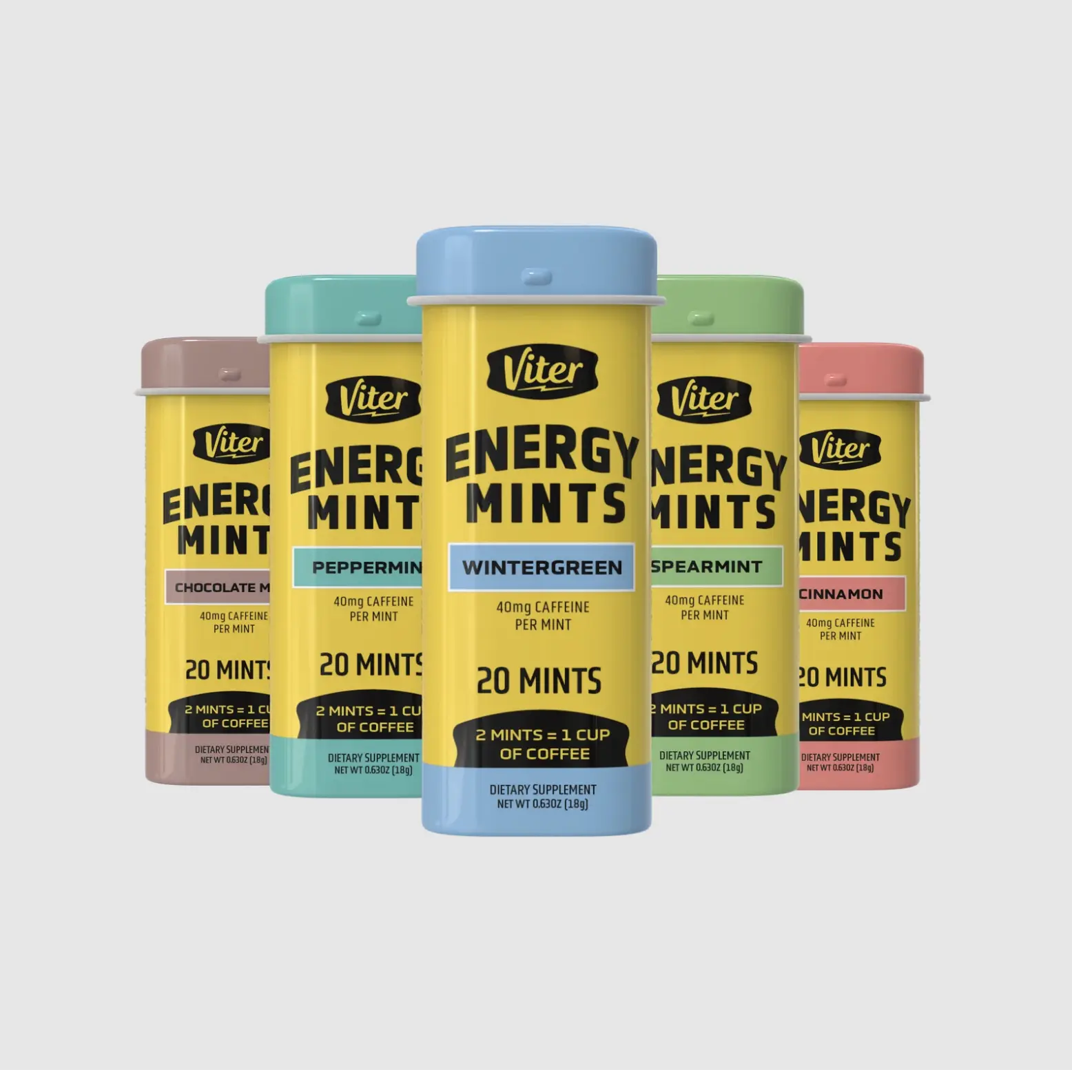 Energy Mints Variety Pack – 5 Tins | 40mg Caffeine per Mint - Wintergreen, Peppermint, Spearmint, Cinnamon & Chocolate Mint - Fast-Acting Energy Mints for Convenient On-the-Go Energy - Perfect for Early Morning Focus, Afternoon Meetings & Long Drives