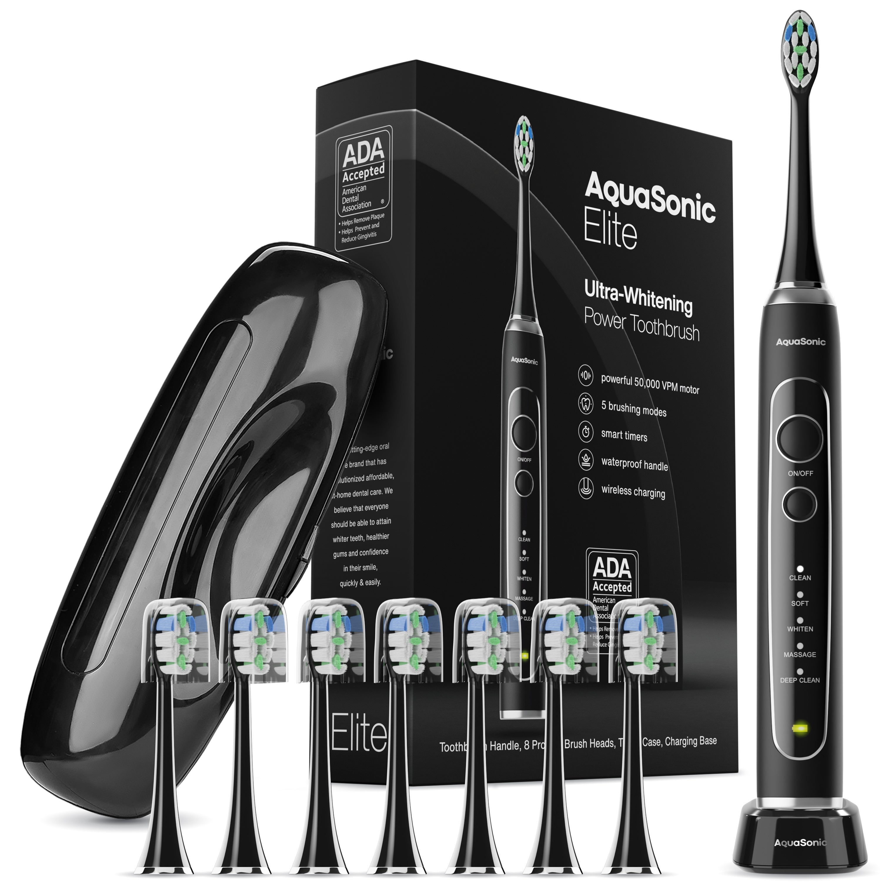 AquaSonic Elite Smart Toothbrush with 50,000 VPM, 8 ProFlex Brush Heads & Travel Case - Handle, Daily Oral Storage