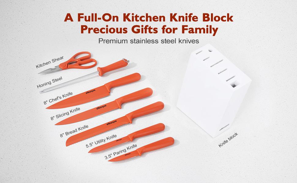 ELITEQUO 8 Pieces Knife Set with Block, Forged, High Carbon Stainless Steel Sharp Blade Block Knife Set, Dishwasher Safe Cutlery