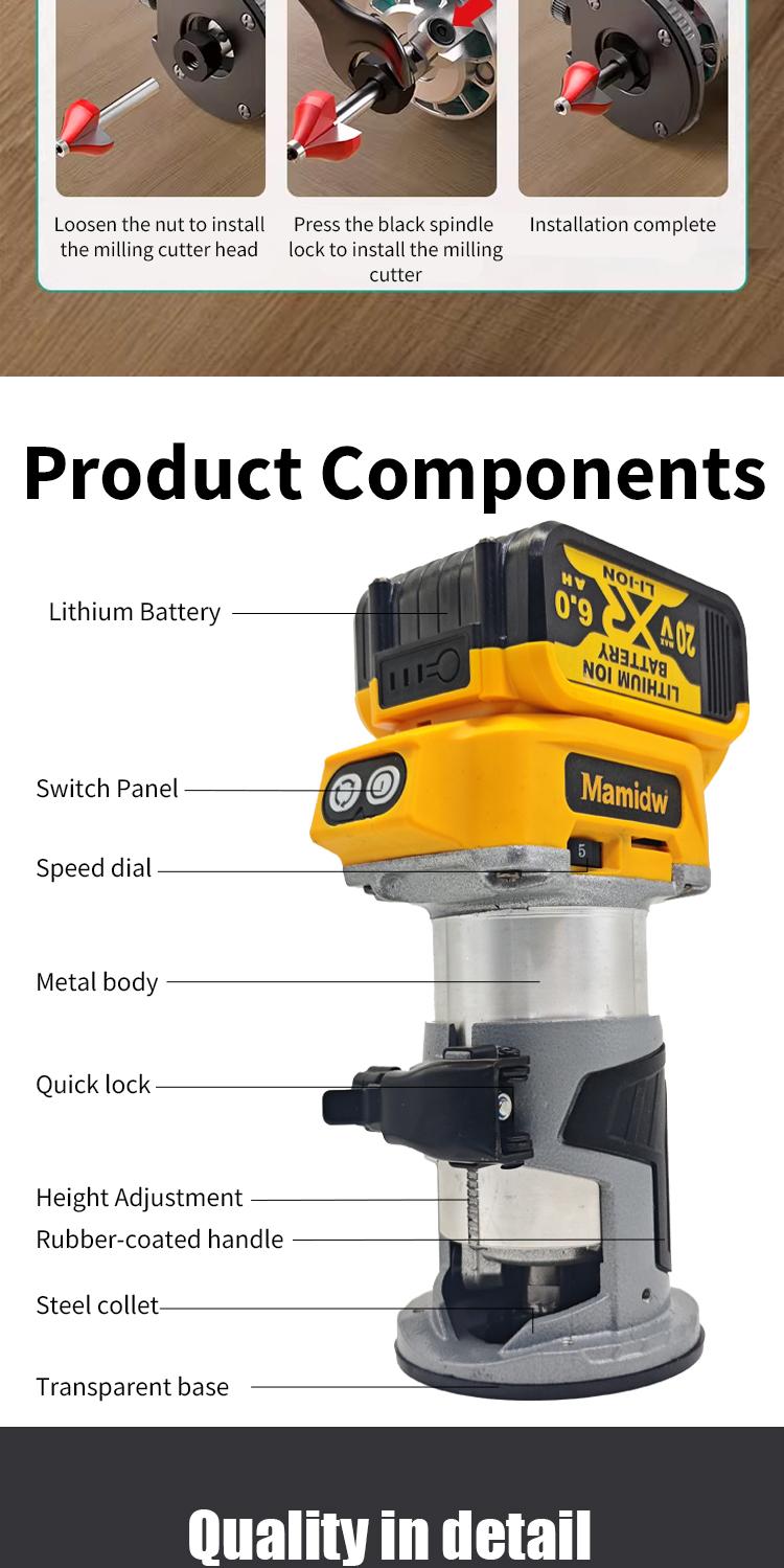 Cordless Palm Trim Router Bare Tool, Brushless Motor, 5-Speed Lock, 5 Adjustable Speeds (12,000 to 30,000 RPM), Edge Trimming & Carving, Compatible With Dewalt 20V Battery, Woodworking Slotting Tool detail 9