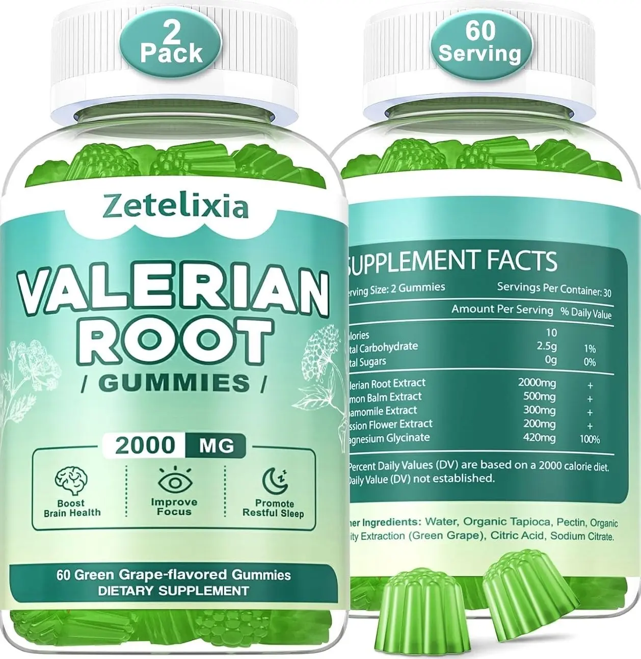 2 Pack Organic Valerian Root Gummies, Natural Calm to Help Relaxation, Herbal Supplement for Mood Support, Melatonin Free, Non-GMO, Gluten Free, Vegan, Green Grape Flavor, 120 Count