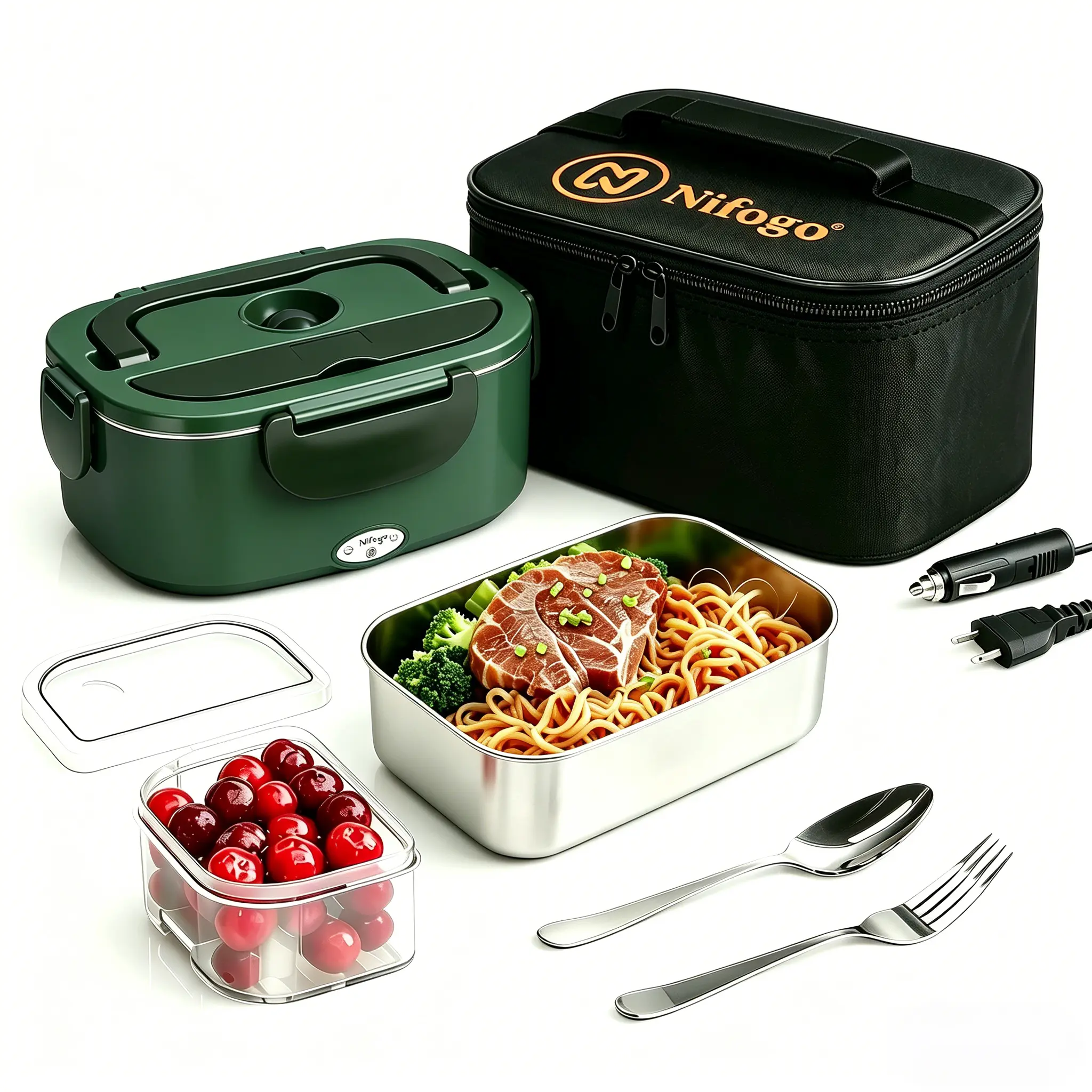 100W Electric Lunch Box Food Heater, 1.8L 3-in-1 Quick-Heated Tableware for Adults, Non-Battery-Powered Portable Food Warmer with Fork, Spoon, Insulated Carry Bag, Containers for Car/Office