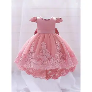 Girl's Floral Embroidery Big Bow Decor Contrast Mesh High Low Tulle Dress, Elegant Puff Cap Sleeve Zipper Back Faux Pearls Decor Round Neck A Line Dress for Party Performance Wedding Guest, Kids Clothes for All Seasons(Sheets)