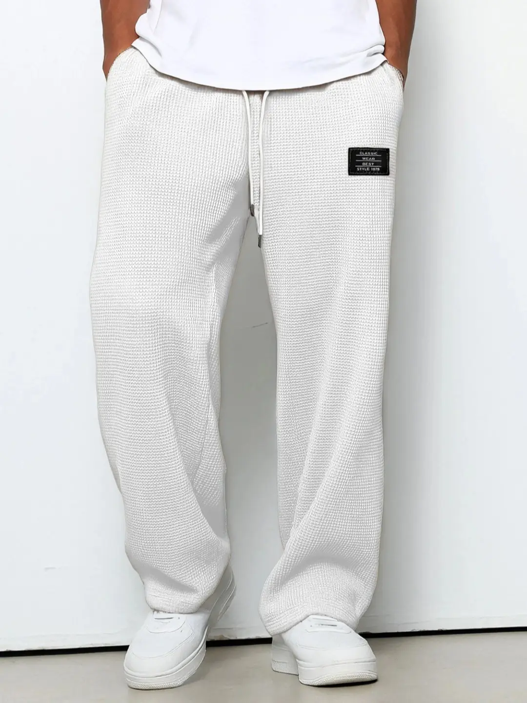 Men's waffle-knit straight-leg casual sweatpants, loose drape, drawstring, athletic long pants