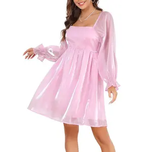 Womens Puff Sleeve Square Neck Puffy Dress Babydoll Mesh Midi Dress Pink 2XL