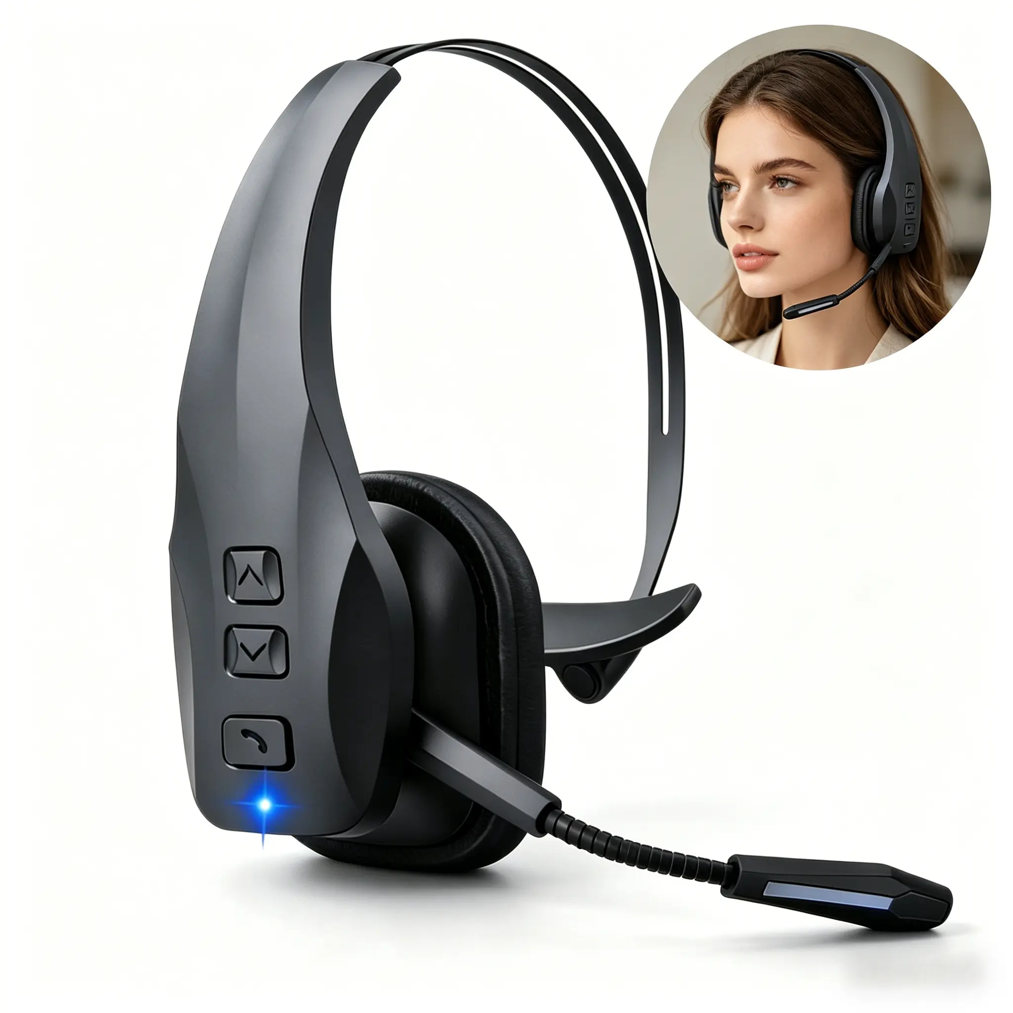 DH15 Over-Ear Wireless Trucker Bluetooth Headset with Mic - Dual Noise Cancellation, Mute Button, 55Hrs Battery Life, Adjustable Audio, 45kHz, Retail Use, Compatible with Cellphones, PC & Laptop