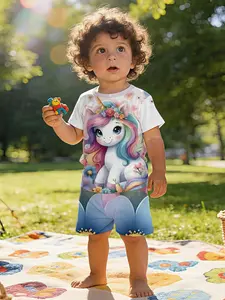 Dreamy fairy tale style rainbow unicorn printed infant short-sleeve set, casual children's clothing for babies, T-shirt suitable for daily and outdoor sports, 100% polyester, a perfect gift for infants and young children!