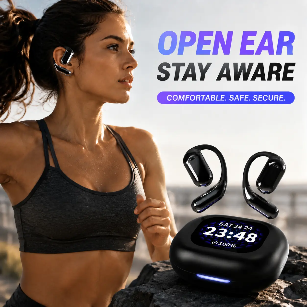 Smart Screen Open Ear Earbuds Wireless Bluetooth 5.4 Headphones, No Ear Pressure Comfortable Fit, Deep Bass, AI Clear Calls, 32H Battery Life, IPX5 Waterproof Sports Earphones
