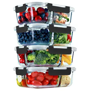 2 & 3 Compartment Glass Meal Prep Containers with BLACK Lids (4 Pack, 32 oz)