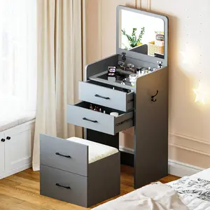 3 In 1  Desk  Plip Top LED Mirror,Small Dressing Table Set  Visible Glass Desktop,Compact   3 Drawers,Storage Compartment And Padded Stool,For Bedroom Vanity with Portable Under Walking Pad