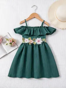 Girls' Summer off Shoulder Halter Dress, Ruffle Design, Floral Embroidery Waist, Casual Sweet Style, Suitable for Ages 3-8