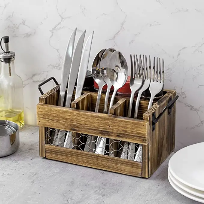 Brown Wood Utensil Holder & Napkin Rack with Black Metal Carry Handles and Chicken Wire Front Panel