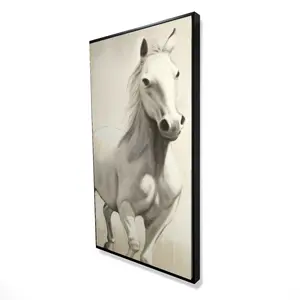 360 Stand Gallant White Horse Framed Wall Art Print - 24x48 in. Farmhouse White Frame, Artwork for Horse Lovers' Bedroom Home Wall Decor