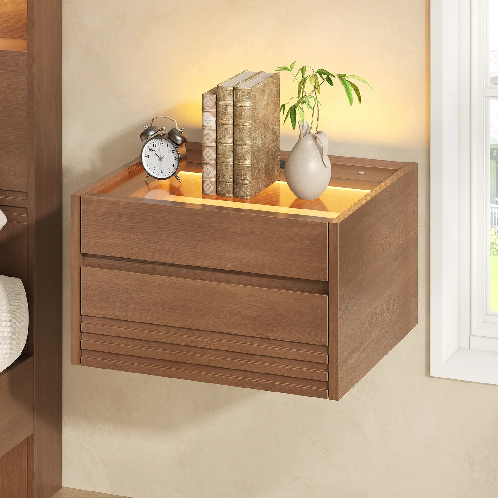 Sikaic Floating Glass Nightstand with Touch LED, 2 Drawers & Charging Station, Bedside Table with Clear Glass Top and Jewelry Storage Drawer for Bedroom, Living Room, Home Office, Walnut Summerwins