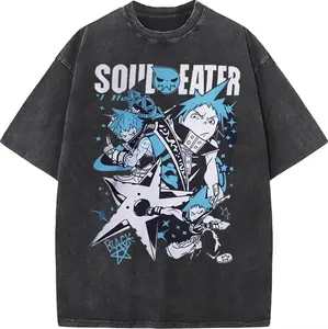 valentine shirts Japan Anime Soul Eater Black Star Printing T Shirt Men Washed T-shirts Casual Loose Tee Harajuku Male Manga Retro Tshirt