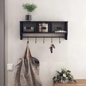 Wall Mounted Shelf with Coat Hooks and Baskets, Solid  Entryway Organizer Wall Shelf with Hooks - Hang Coats,  or Coffee Mugs, Rustic Blackwash 24" Wide