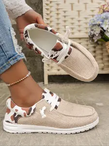 Women's Cow Print Lace Up Flat Sneakers, Trending Shoes, Khaki Walking Shoes, Female Footwear Round Toe Shoes for Trainer Daily Back To School, Birthday Gifts, Casual Trainers