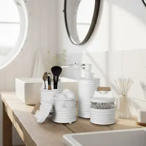 Autumn Alley 4-Piece White Bathroom Accessory Set with Soap Dispenser, Toothbrush Holder, Brush Holder & Jar for Farmhouse Bathroom