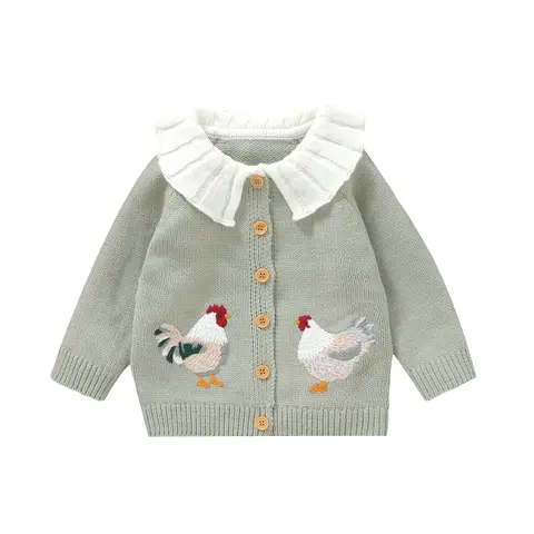 FOCUSNORM Toddler Baby Girl Knit Cardigan Doll Collar Long Sleeve Rooster Embroidery Button Down Sweater Infant Winter Outfit