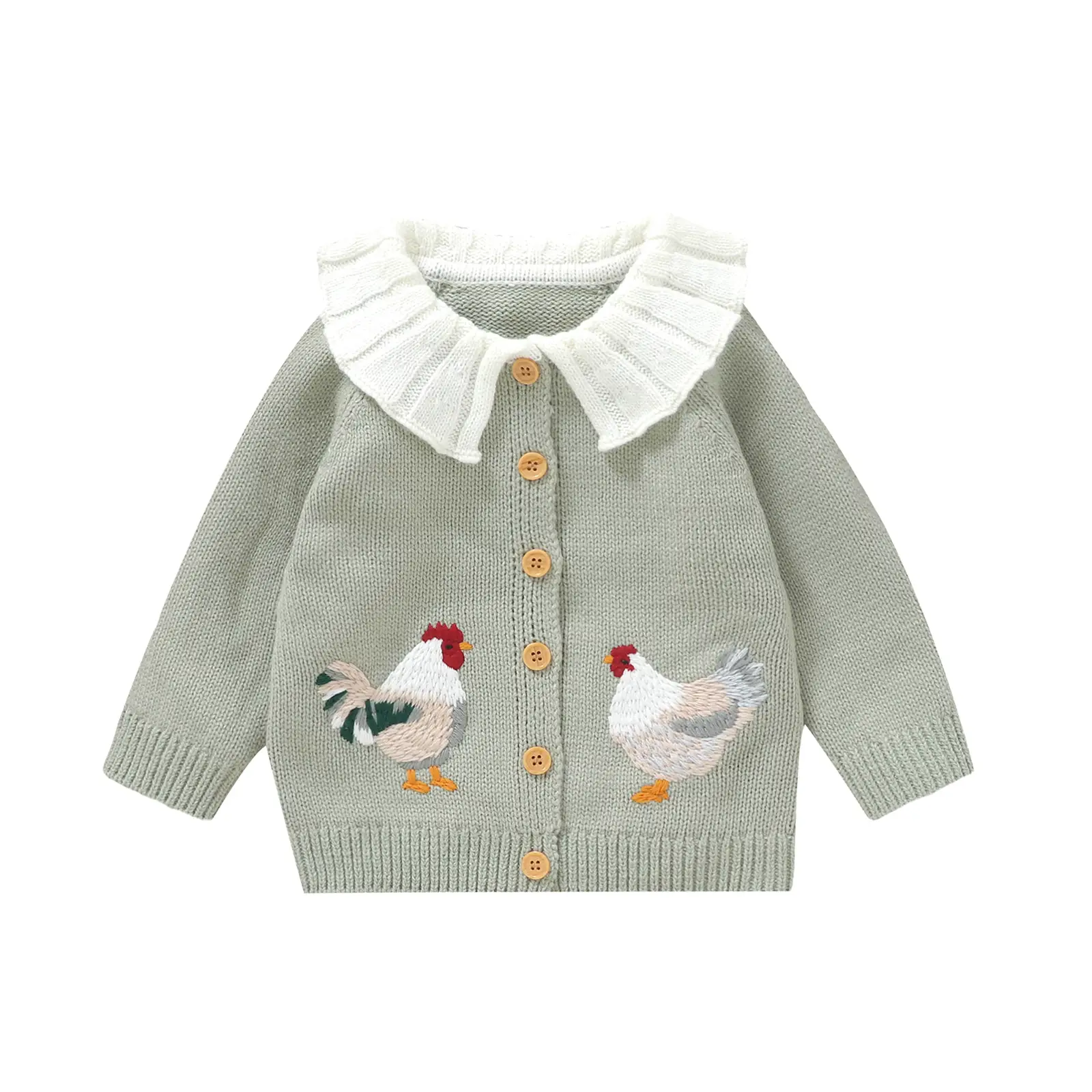 Toddler Baby Girl Knit Cardigan Doll Collar Long Sleeve Rooster Embroidery Button Down Sweater Infant Winter Outfit
