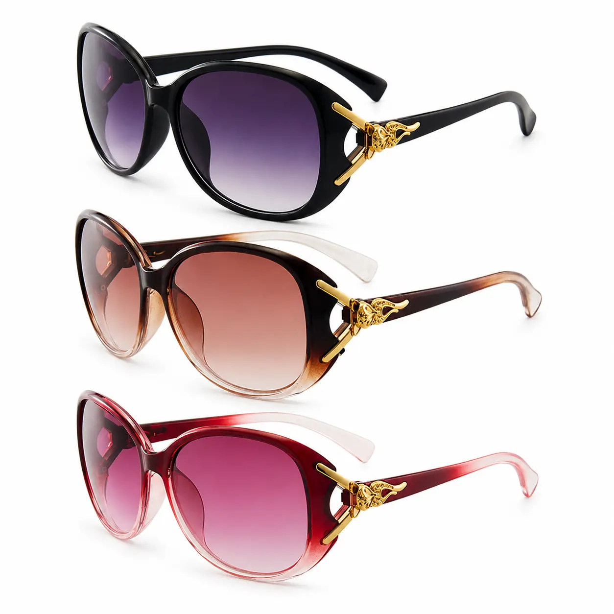 Women's 3-Pack Oversized Statement Sunglasses, Retro Round Polycarbonate Frames with Gradient Lenses & Elegant Gold-Tone Temple Details for Driving & Daily Wear, Trendy Frames Sunglasses, Sunglasses For Women