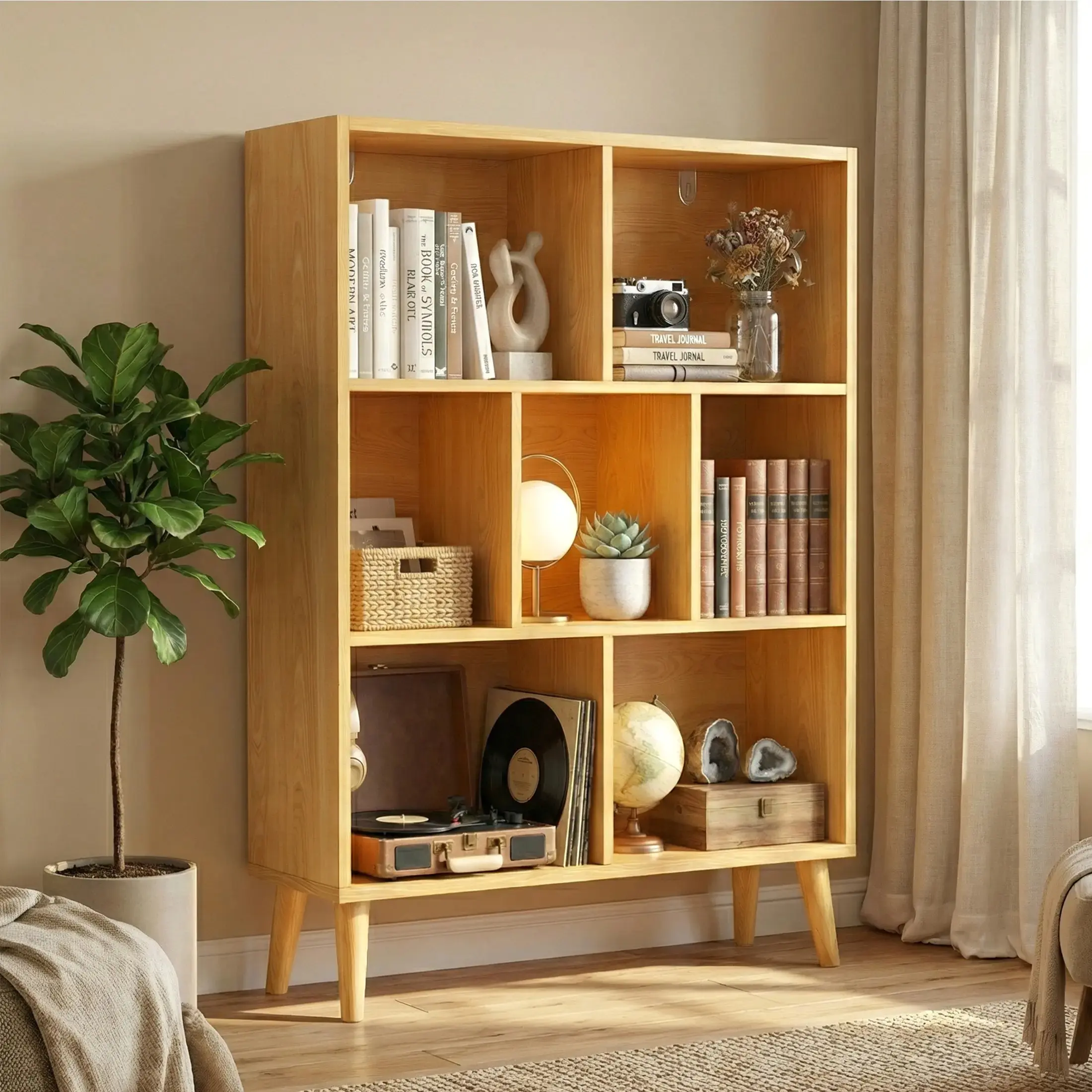 3-Tier Wooden Cube Bookshelf with Metal Legs - Open Display Storage Unit for Books, Freestanding Modern Bookcase for Bedroom, Living Room