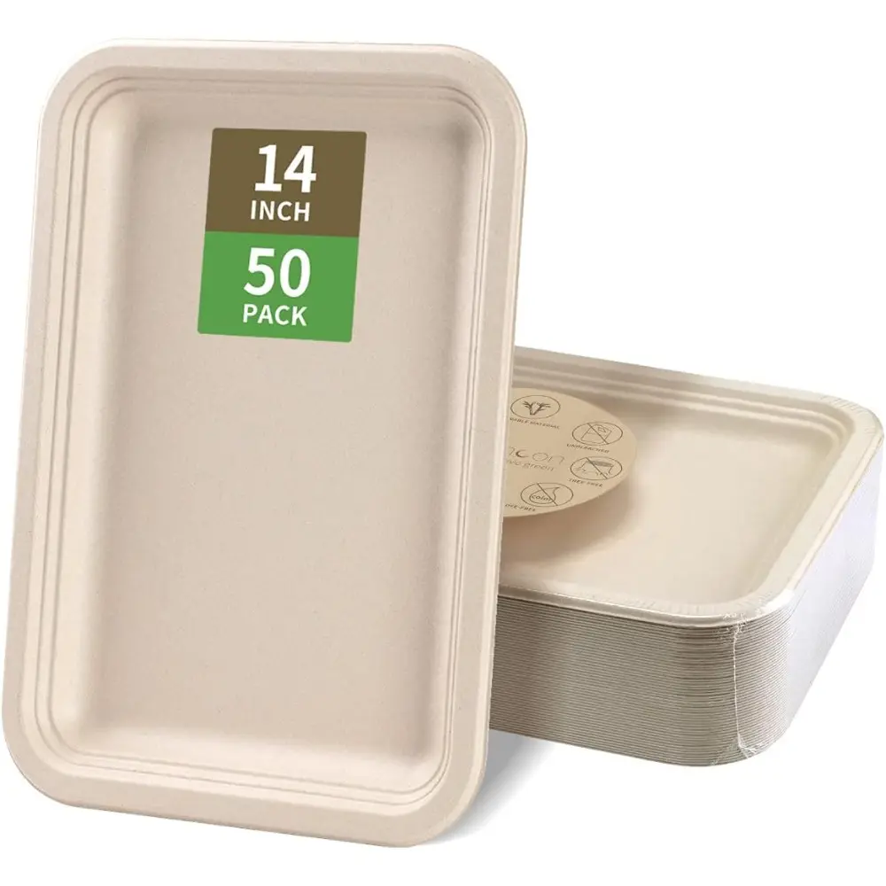 50-Pack 14-Inch x 10-Inch Grease-Resistant Bagasse Fiber Disposable Paper Food Trays, Large Bakeware for Seafood Boil, BBQ Serving, Christmas Use
