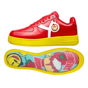 YUMS Strawberry Shortcake Sneakers - Red Patent Leather & Yellow Gold Streetwear Style Casual Shoes Comfortable Footwear All Seasons Low-top Silhouette with Signature Transparent Sole Art