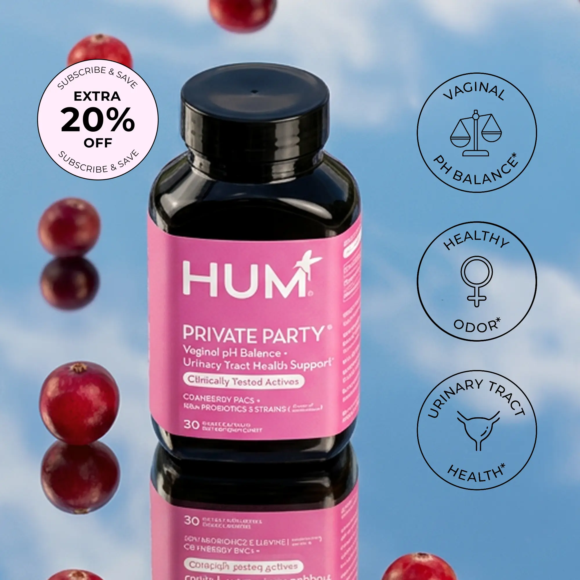 HUM Private Party - Vaginal Probiotics for Women's Health, pH Balance Supplement & Urinary Tract Support with Cranberry & Lactobacillus Blend | Cranberry Lozenges, (30 Count)