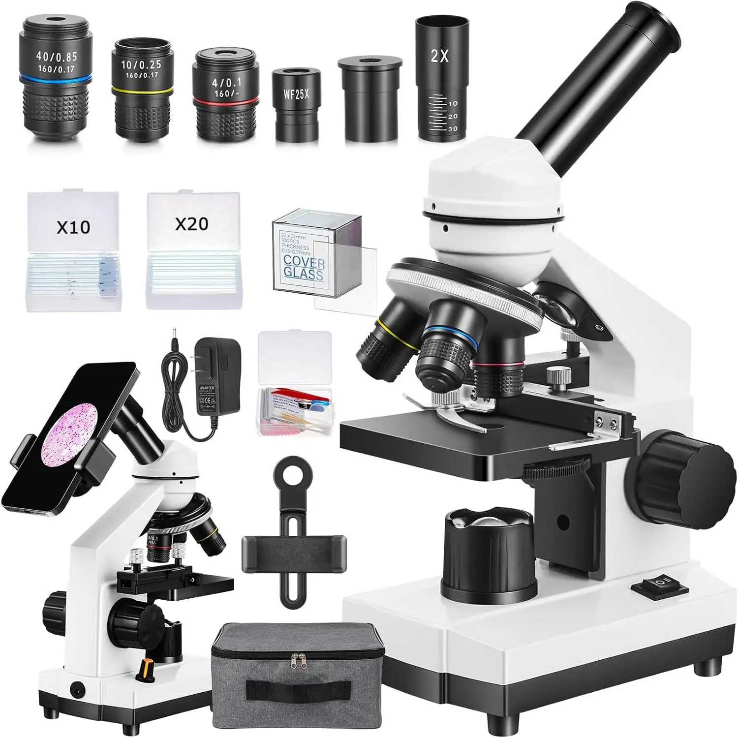 Microscope for Adults ,40X-2000X Monocular Microscope Kit for  School Lab, 2 LED Lights & 5 Colors  Microscope with Phone Holder,10 Specimen Slides,20 Slides,100 Coverslips, Bag