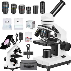 Microscope for Adults ,40X-2000X Monocular Microscope Kit for  School Lab, 2 LED Lights & 5 Colors  Microscope with Phone Holder,10 Specimen Slides,20 Slides,100 Coverslips, Bag