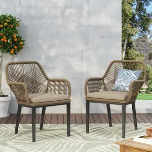 Set of 2 Modern Curved Wicker Dining Chairs 23.5*26.25*32 Inch Brown Beige Handwoven Design Angled Support Legs Water Resistant Cushion Minimalist Stable Structure Indoor Outdoor Patio Garden Leisure Club Chairs