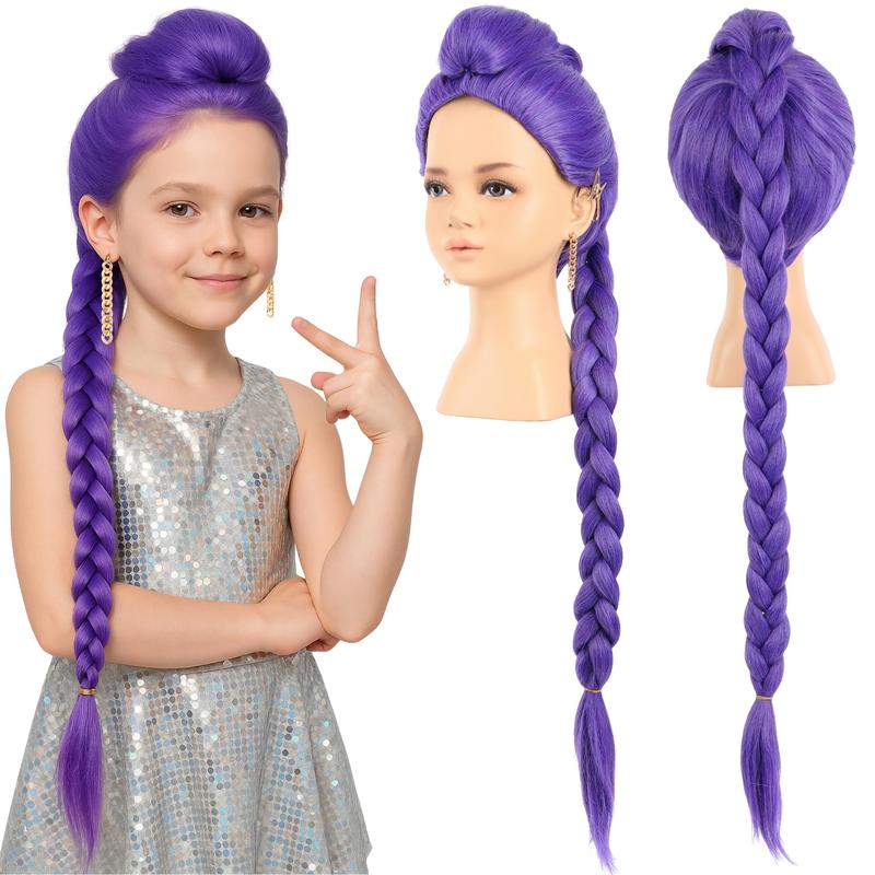 Anime K-pop Costume Kids 39" Wig Rumi Wig Demon Cosplay Wig Hunter Purple Braid Wigs Rumi Costume Zoey Wig Mira Wig for Kids Women Pop Singer Hair Halloween Cosplay Props