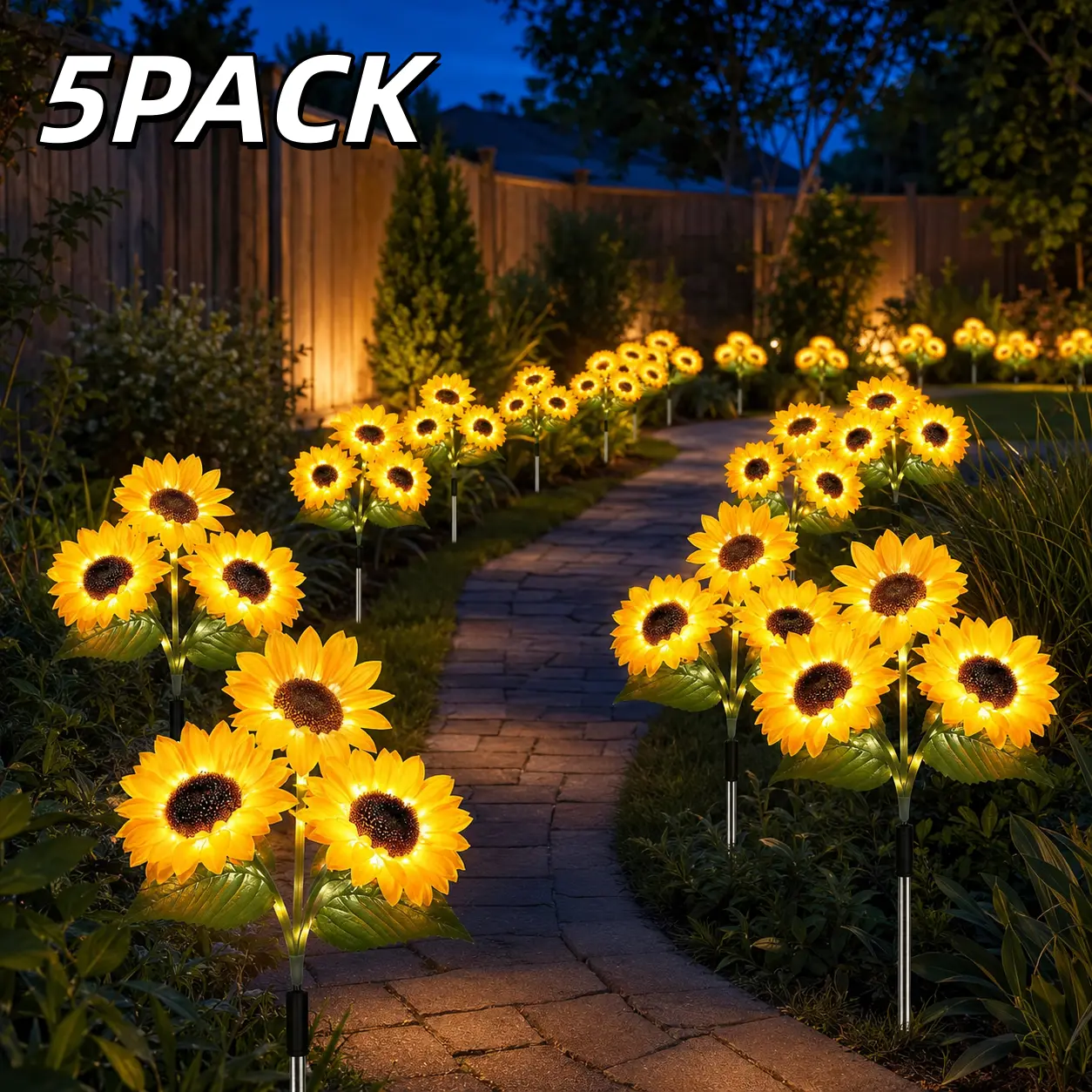 Set of 5, Solar-Powered Sunflower Garden Lights, Pathway Decorative Lights, IP65 Waterproof Rating, 8 Flashing Modes, Solar-Powered Pathway Lights for Yard, Patio, Lawn, and Garden Decor, Solar Outdoor Lights