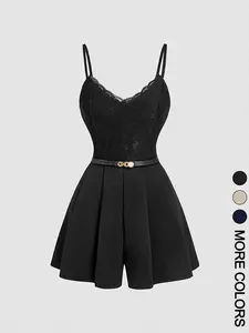 1 piece Women's Spring Summer Lace Spliced Cami Fitted Playsuit V Neck Sleeveless Womenswear Jumpsuit with Belt, Chic Elegant Fashion for Casual Outings