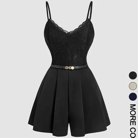 Women's Spring Summer Elegant Lace-Spliced Cami Playsuit with Belt, V-Neck Sleeveless Fitted Jumpsuit for Casual Outings, Knitted Cami Jumpsuit