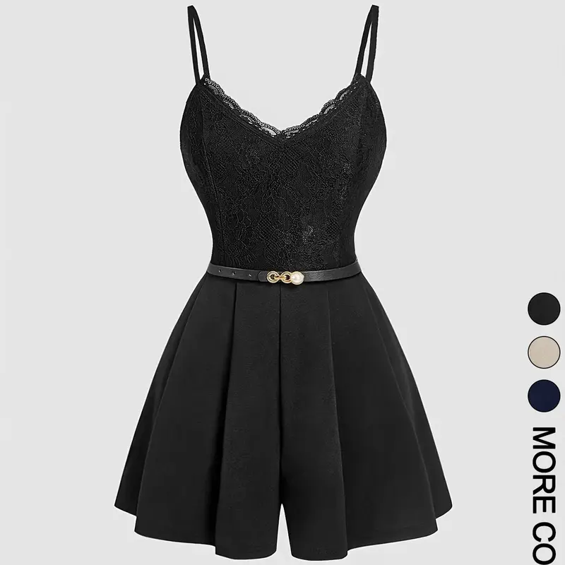 Women's Spring Summer Elegant Lace-Spliced Cami Playsuit with Belt, V-Neck Sleeveless Fitted Jumpsuit for Casual Outings, Knitted Cami Jumpsuit