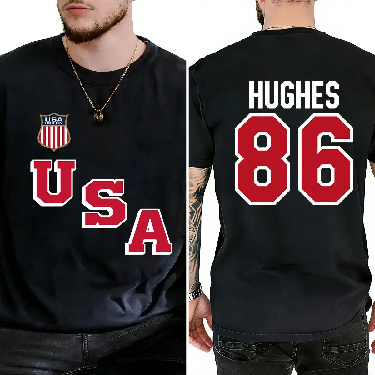 Men's Retro USA Hockey Graphic T-Shirt - 90s Vibe, Jack Hughes #86 Print, 100% Cotton Soft Fabric, Short-Sleeve Relaxed Fit Menswear Tops Streetwear Tee